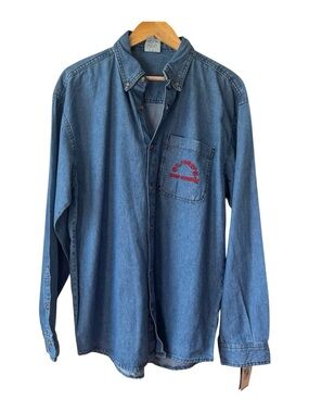 VTG St Johns Red Storm Denim Blue Button Down Shirt SZ L Joe College Authentic